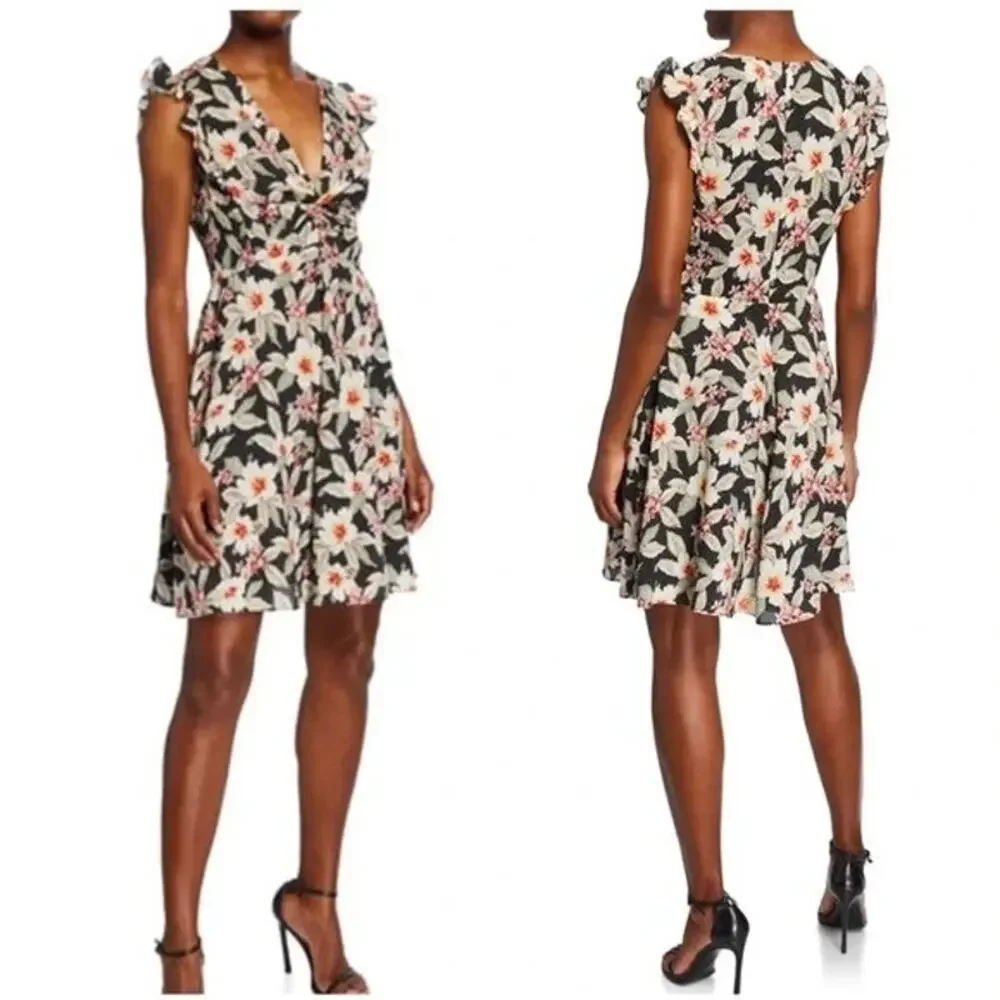 Rebecca Taylor Kamea Fleur Silk V-Neck Floral Mini Dress Smocked Flutter Y2K